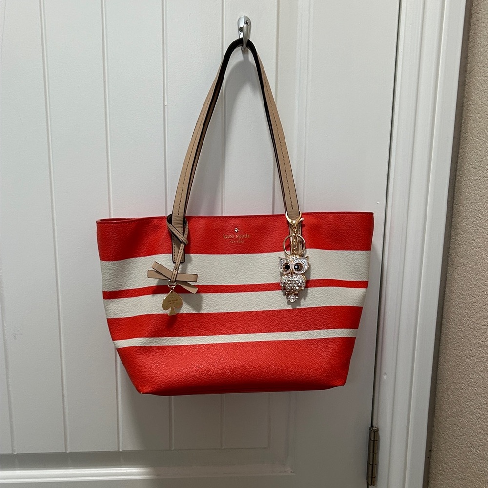 Kate Spade orange and Cream Striped Hawthorne Tote with bag charm